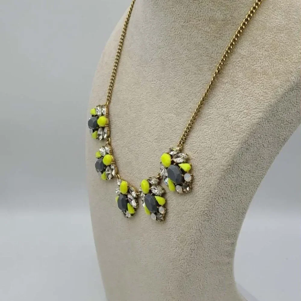 J Crew Factory Gray Yellow Resin Clear Crystal Statement Necklace NWT! NEW!